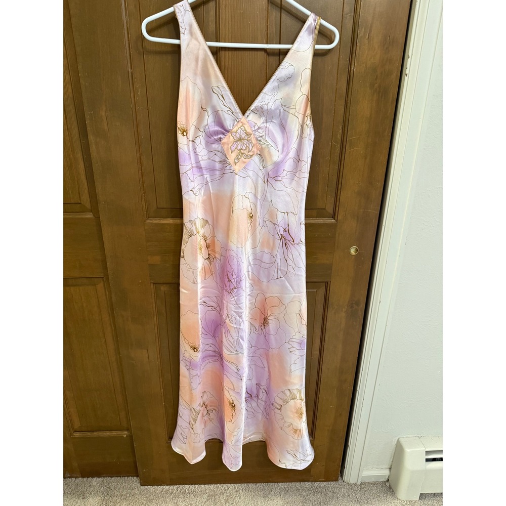 Jones New York Floral Satin Nightgown Small Lavender Peach Embroidered Chemise